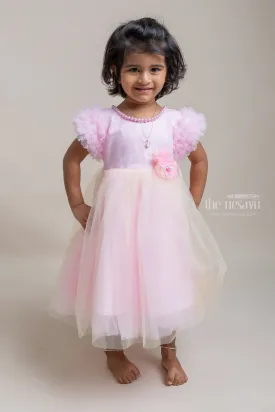 Elegant Pink Party Frock With Pearl Sequenced Neck Design For Girls