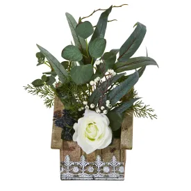 16” Rose and Eucalyptus Artificial Arrangement in Hanging Floral Design House Planter