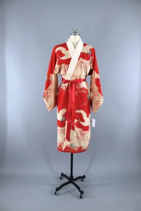 1930s Vintage Silk Kimono Robe / RED Flying Cranes