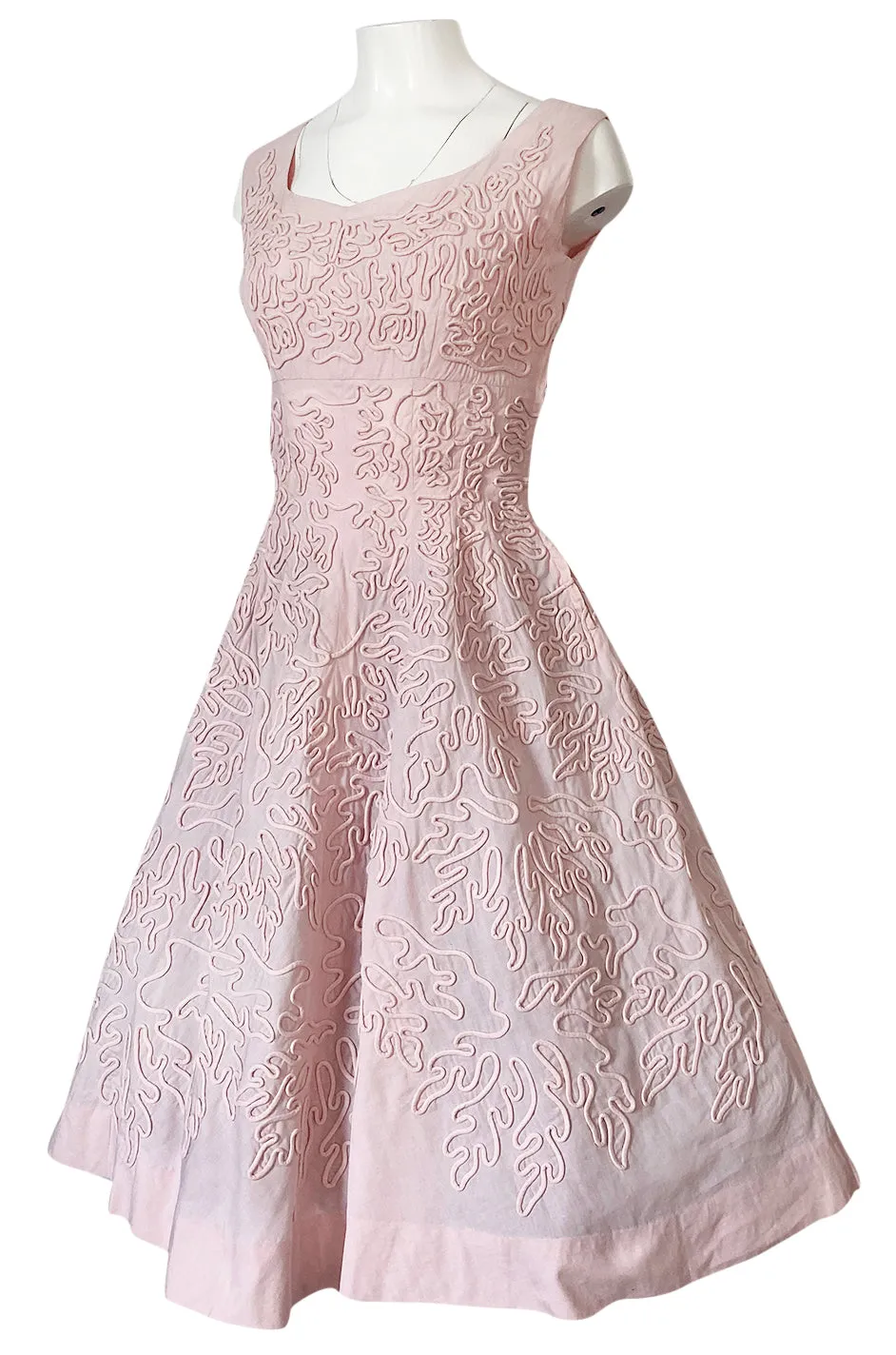 1950s Adele Simpson Pink Cotton Dress w Hand Applique Cording Detail