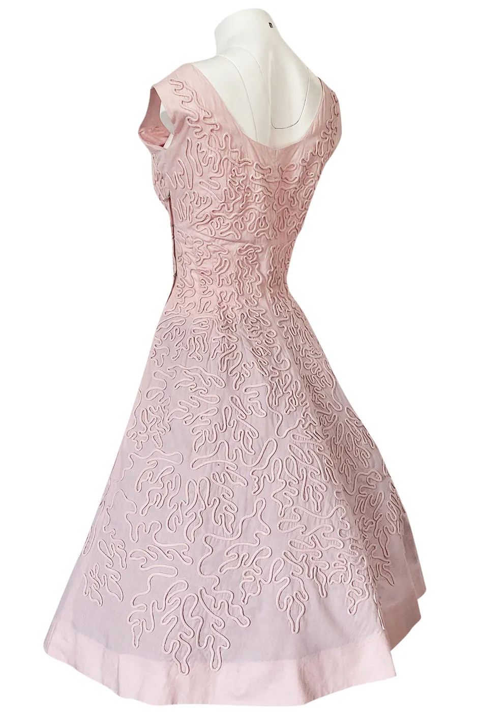 1950s Adele Simpson Pink Cotton Dress w Hand Applique Cording Detail