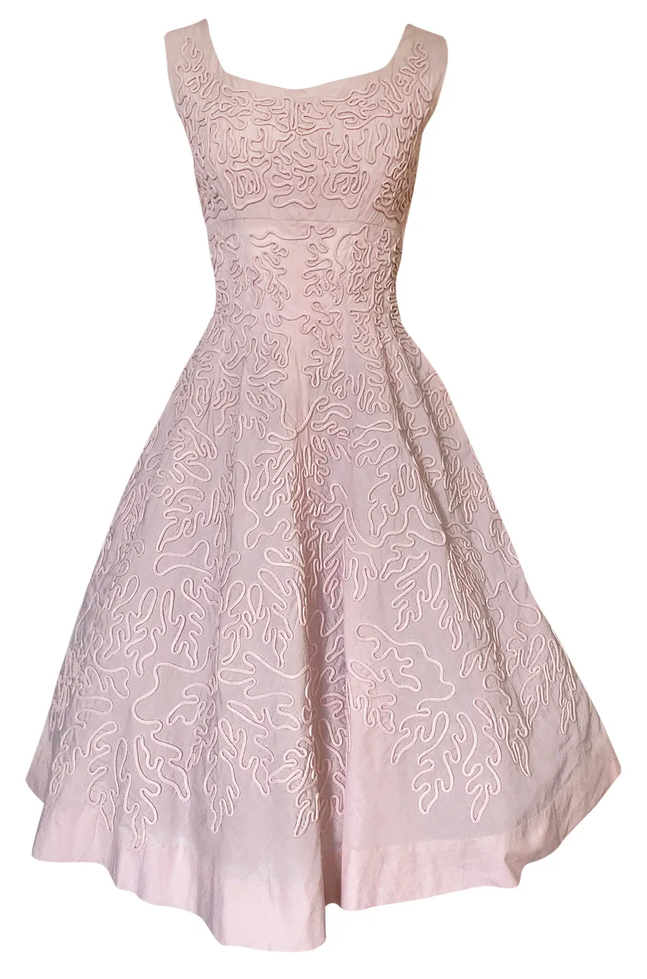 1950s Adele Simpson Pink Cotton Dress w Hand Applique Cording Detail