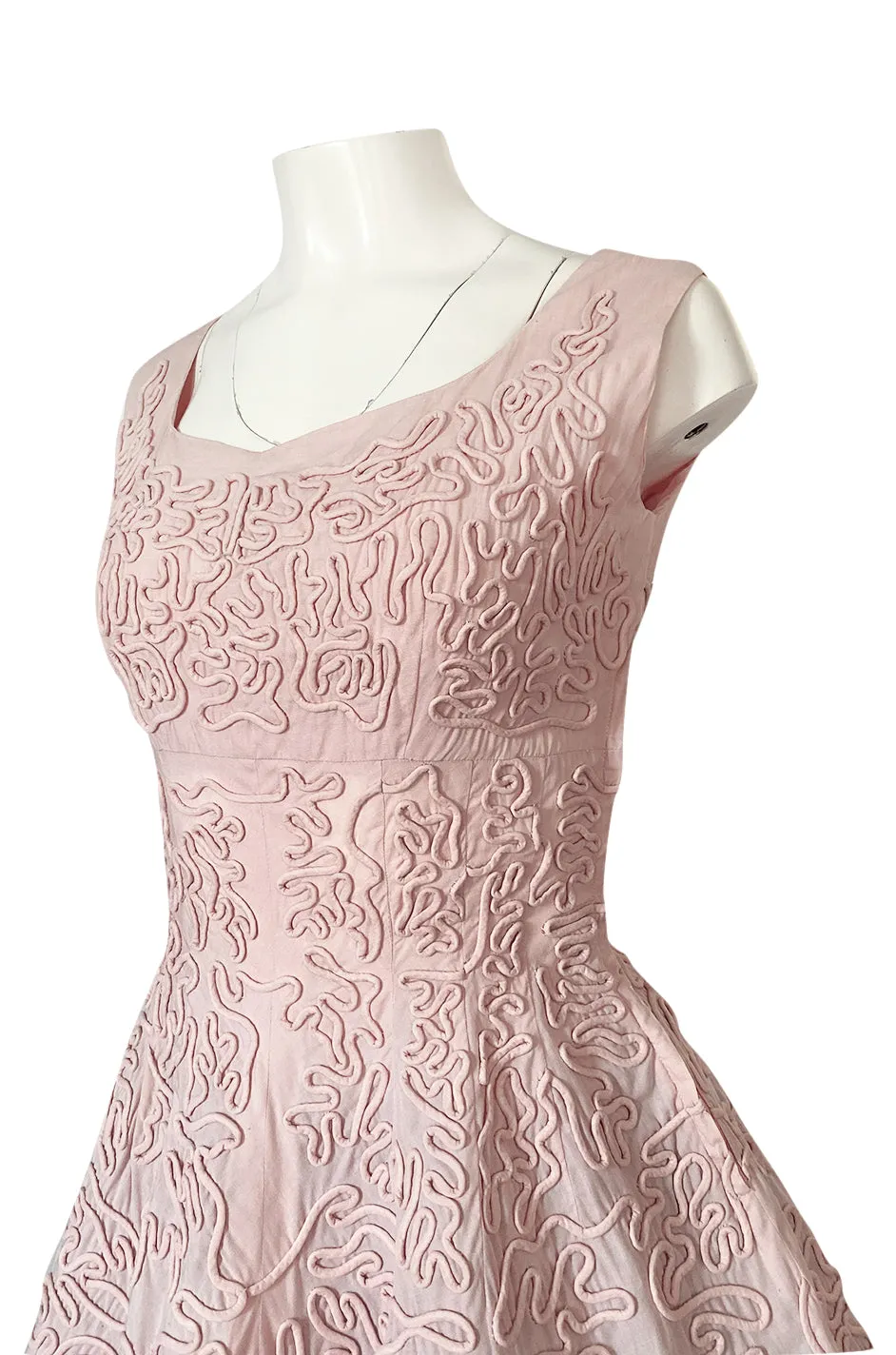 1950s Adele Simpson Pink Cotton Dress w Hand Applique Cording Detail