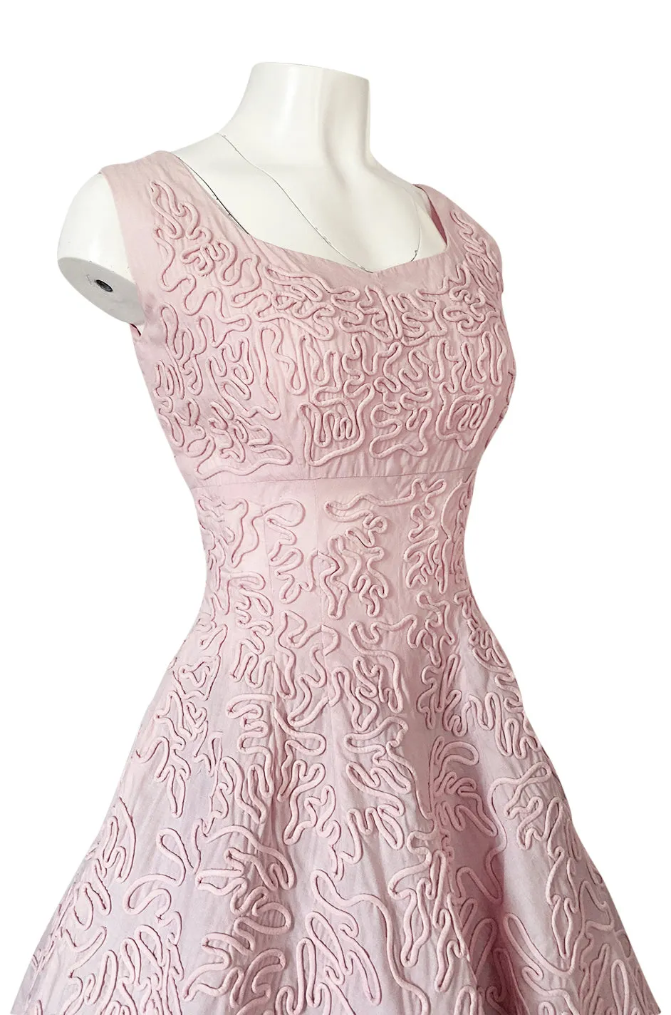 1950s Adele Simpson Pink Cotton Dress w Hand Applique Cording Detail