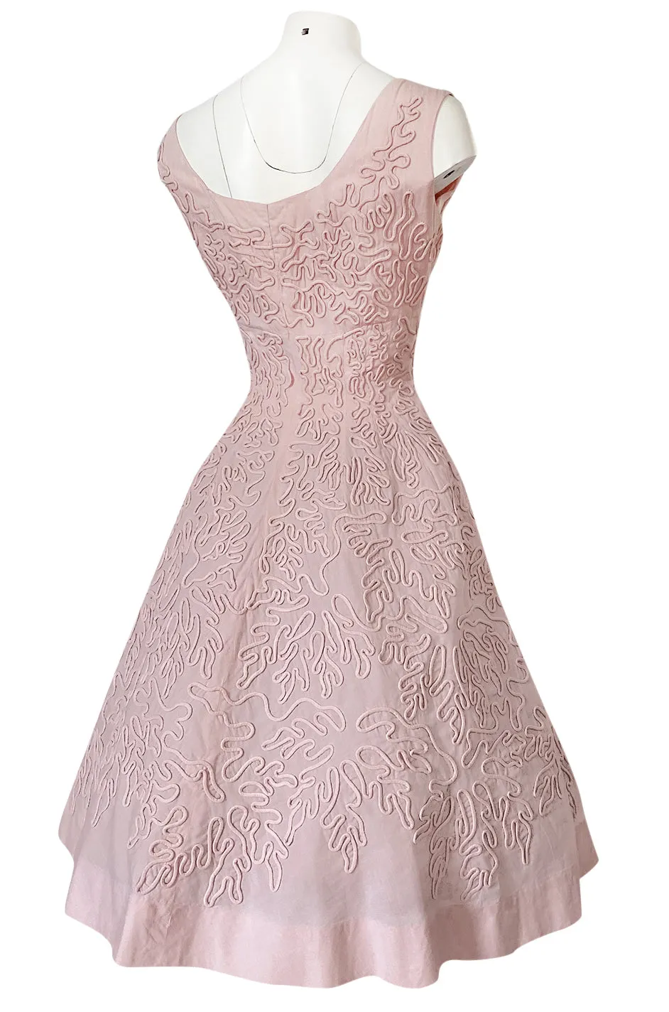 1950s Adele Simpson Pink Cotton Dress w Hand Applique Cording Detail