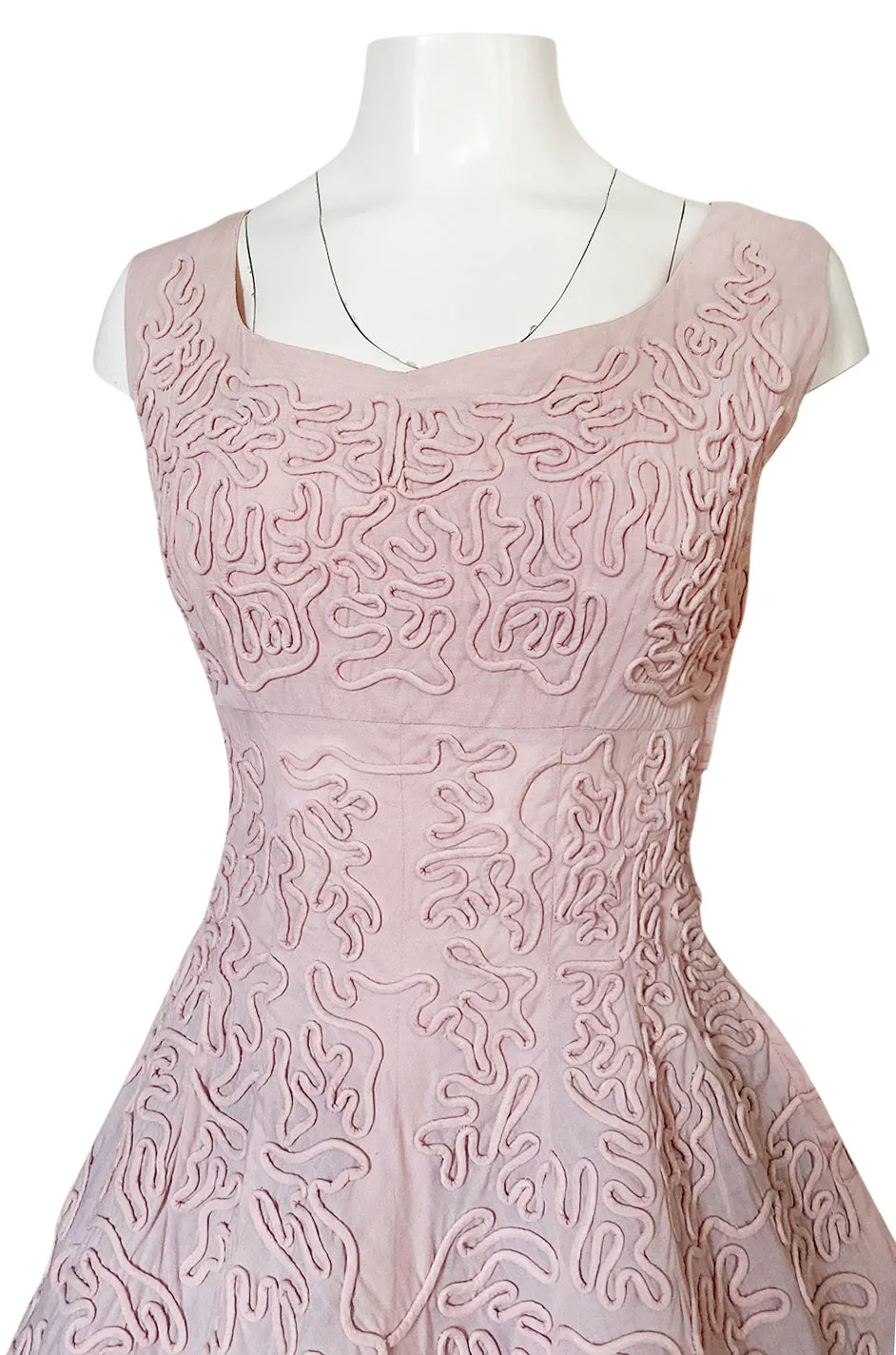 1950s Adele Simpson Pink Cotton Dress w Hand Applique Cording Detail