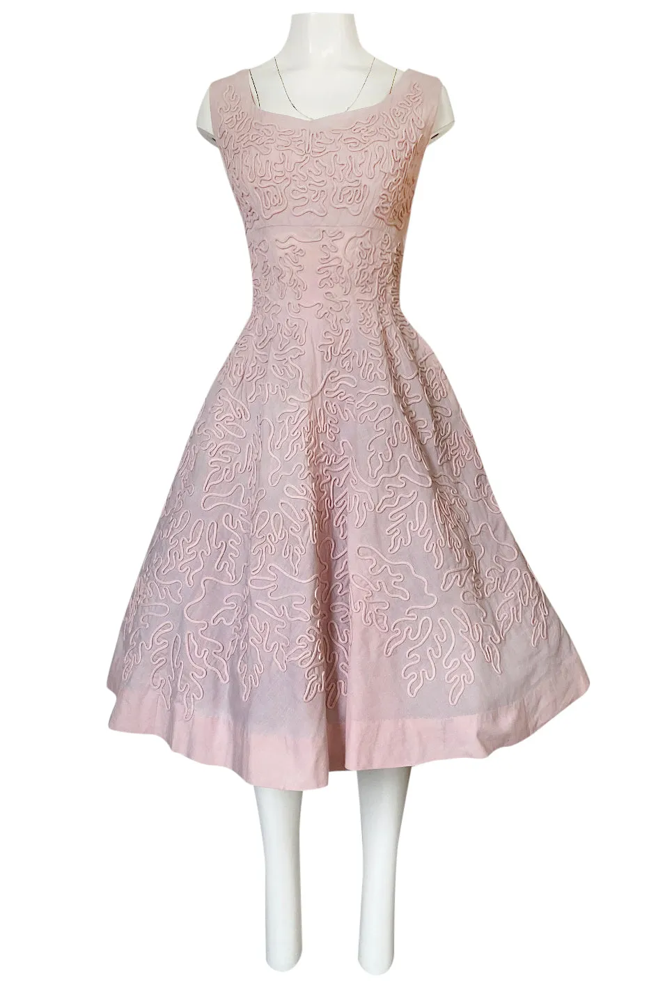 1950s Adele Simpson Pink Cotton Dress w Hand Applique Cording Detail