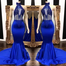 2024 High Neck Beaded Mermaid Royal Blue Prom Dresses