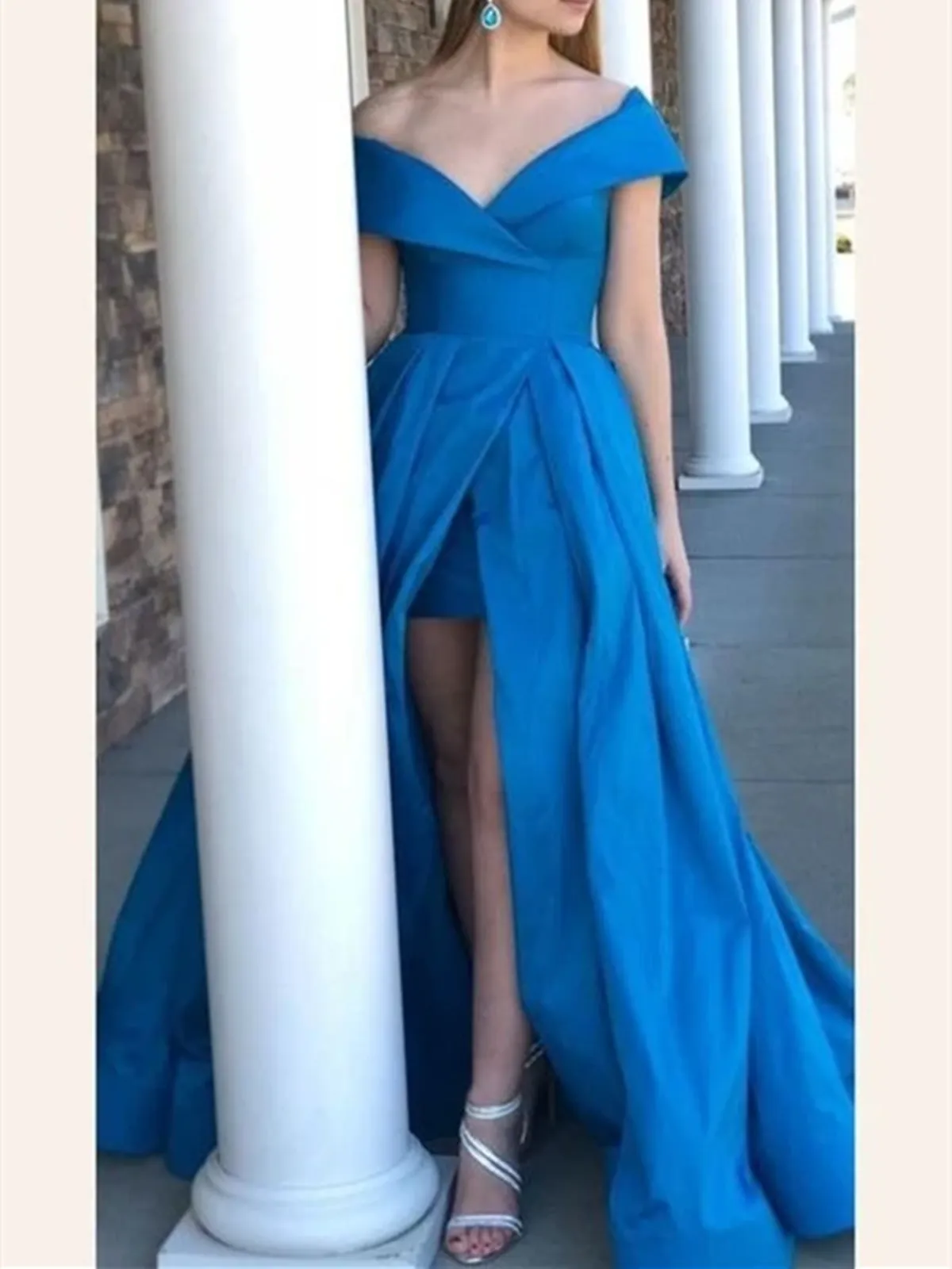 A Line Off The Shoulder Blue Satin Long Prom Dresses, Blue Off Shoulder Long Formal Evening Dresses