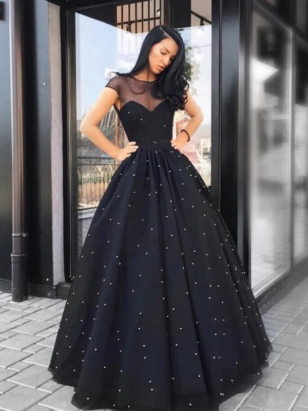 A Line Round Neck Beading Black Tulle Long Prom, Black Formal, Elegant Black Evening