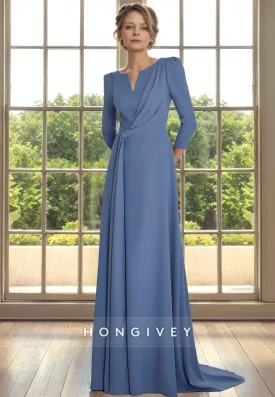 A-Line Scoop 3/4 Sleeves With Sweep Train Cocktail Evening Dress