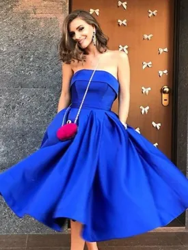 A Line Strapless Tea Length Royal Blue Satin Prom with Pockets, Royal Blue Homecoming, Formal, Evening