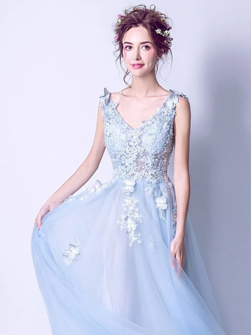 A-line V-Neck Sweep Train Tulle Appliqued Beaded Sky Blue Prom Dresses ASD27004