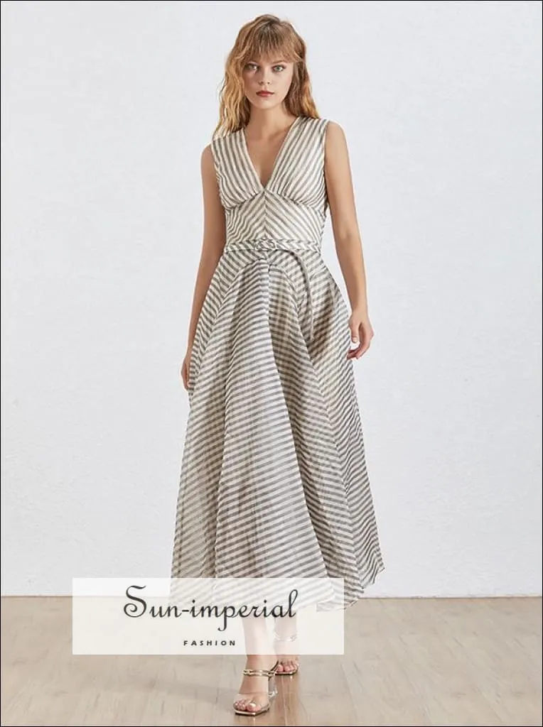 Argenteuil Dress- Elegant Maxi Striped Dress for Women Deep V Neck Sleeveless