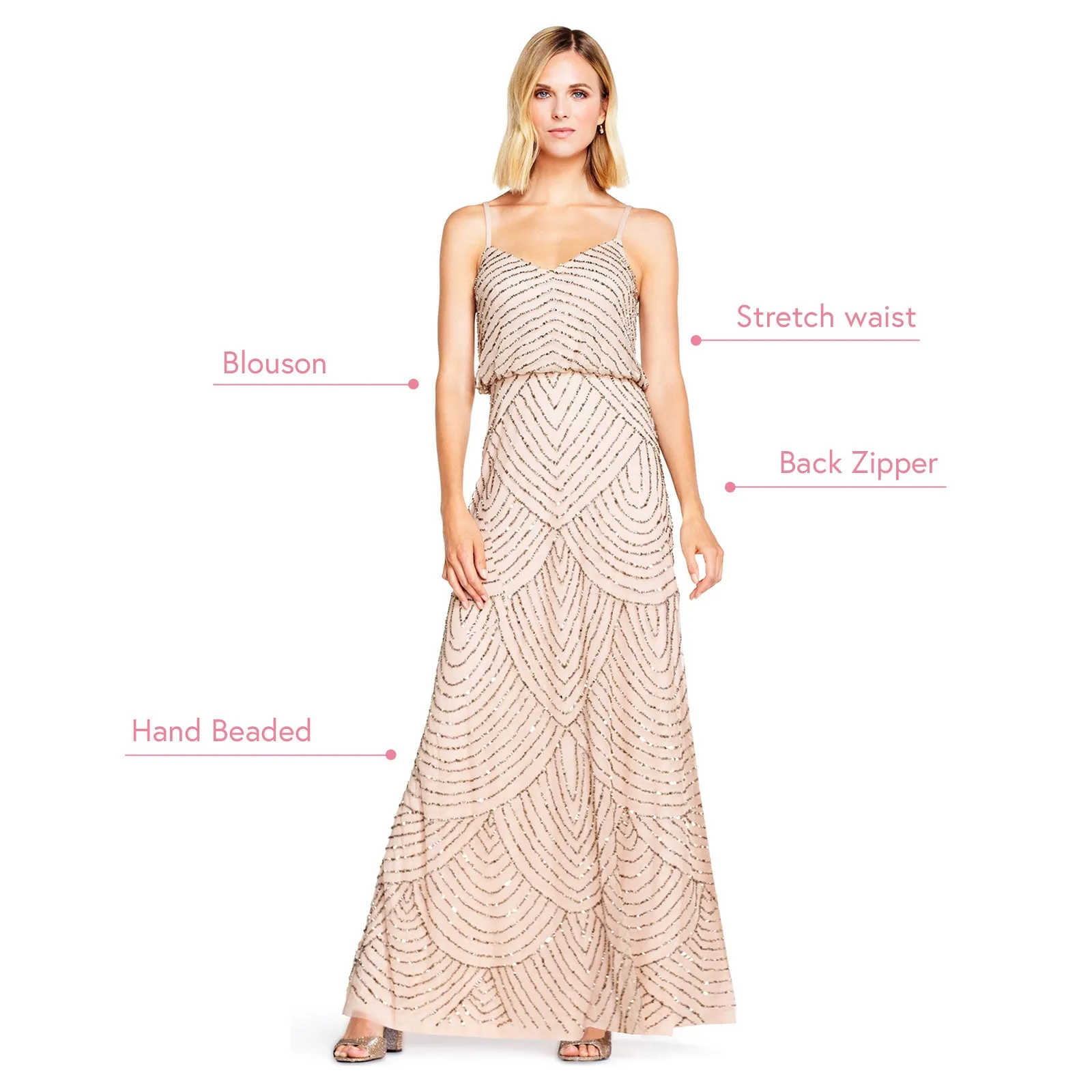 Art Deco Beaded Blouson Gown In Taupe Pink