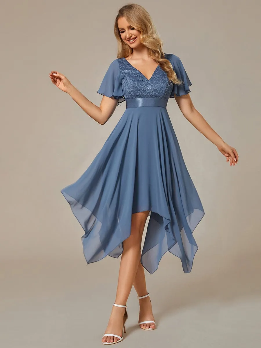 Asymmetrical Hem Empire Waist Short Sleeves Knee-Length Bridesmaid Dress