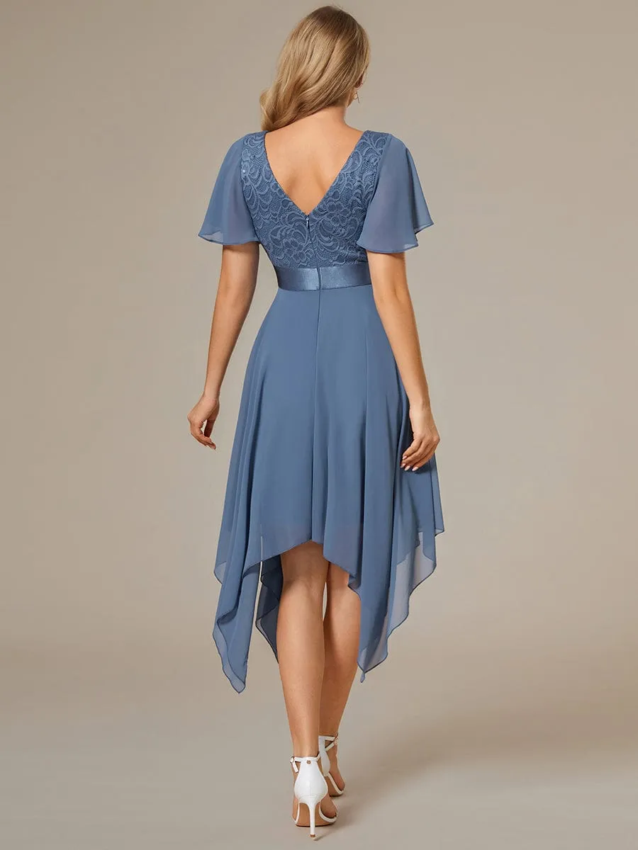 Asymmetrical Hem Empire Waist Short Sleeves Knee-Length Bridesmaid Dress