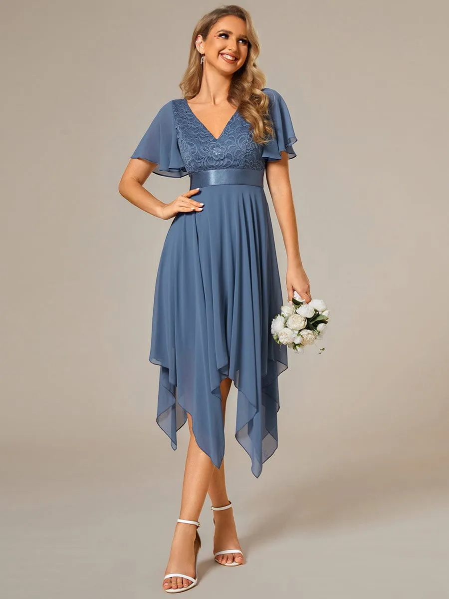 Asymmetrical Hem Empire Waist Short Sleeves Knee-Length Bridesmaid Dress