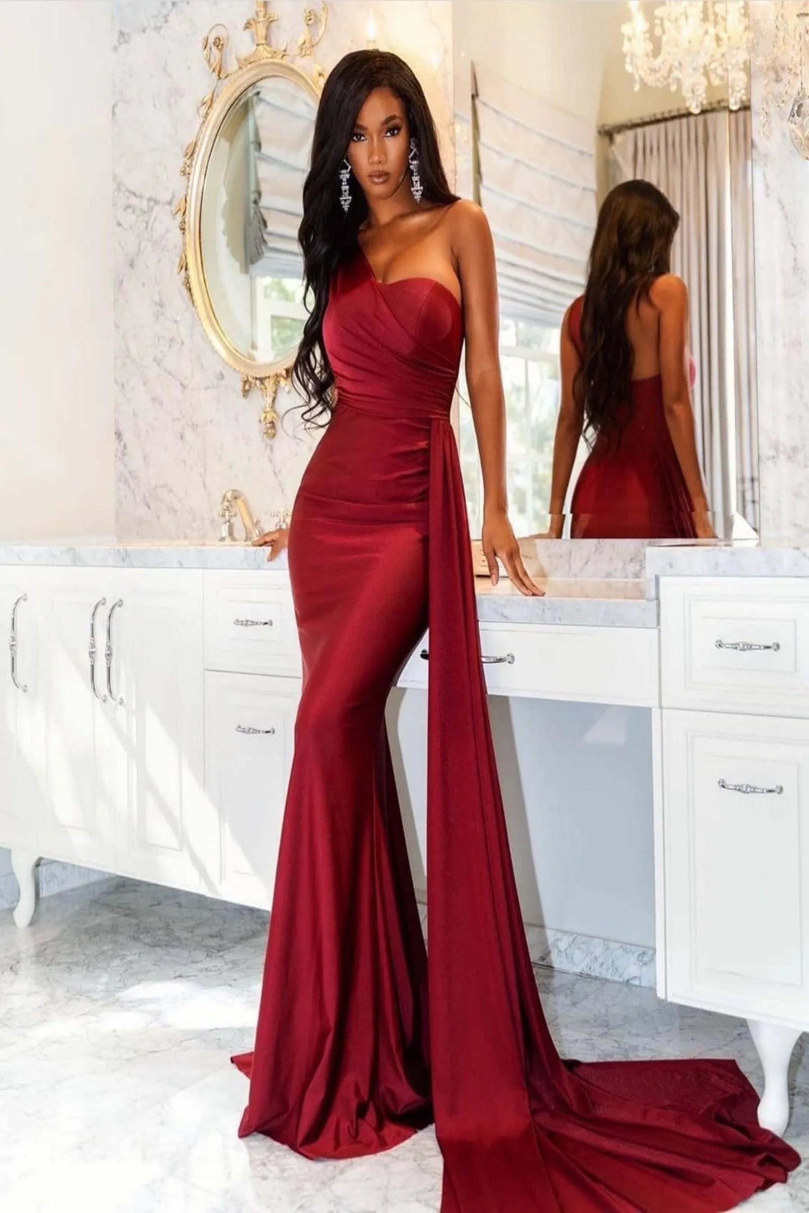 AURORA One Shoulder Maxi Evening Dress with Side Train - Burgundy