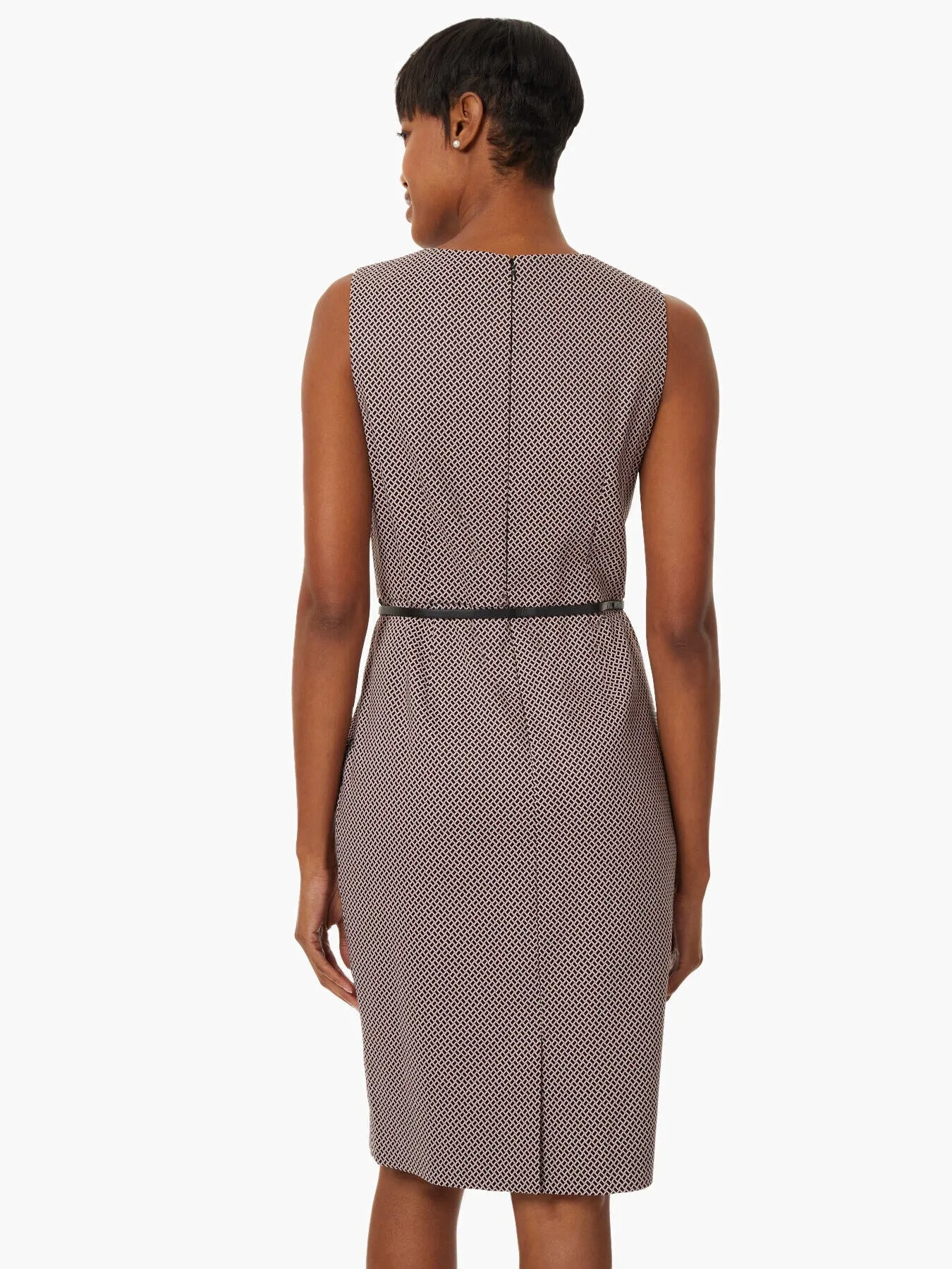 Belted Geo Jacquard Stretch Crepe Sheath Dress