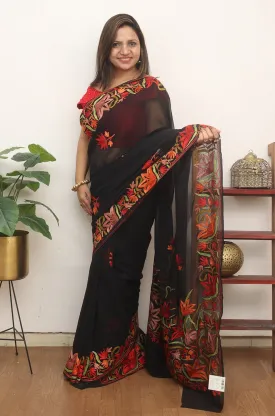 Black Embroidered Kashmiri Aari Work Georgette Saree