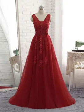 Charming Tulle V-neck Neckline Chapel Train A-line Prom Dresses With Beaded Appliques PD031