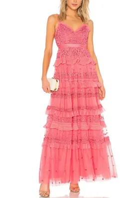 Coral Red Iris Tiered Maxi Dress