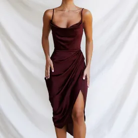 Cowl Neck Satin Slip Thigh Split Leg Midi Dress