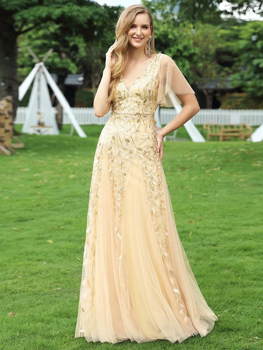 Custom Size Romantic Shimmery V Neck Ruffle Sleeves Maxi Long Evening Gowns