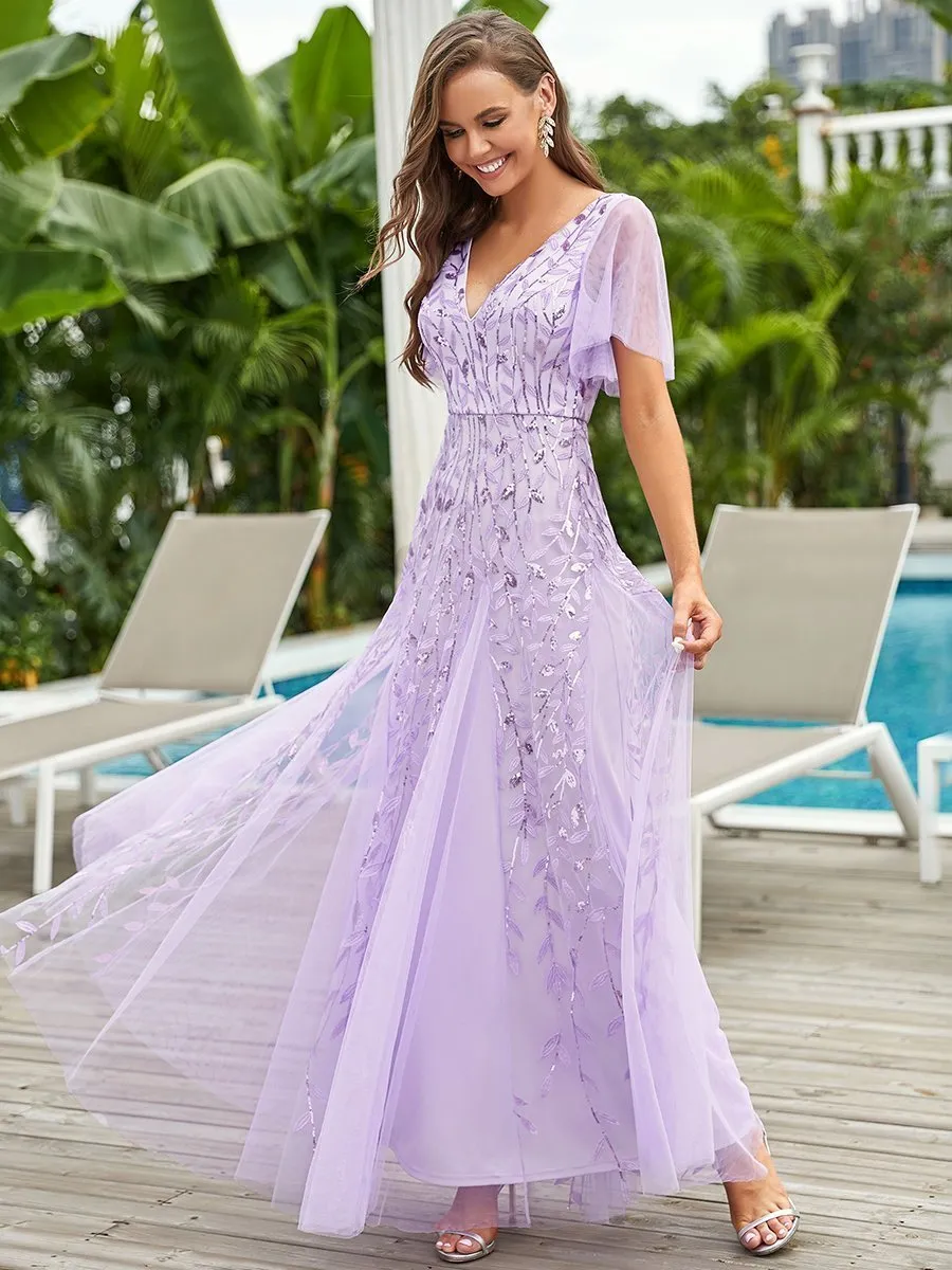 Custom Size Romantic Shimmery V Neck Ruffle Sleeves Maxi Long Evening Gowns