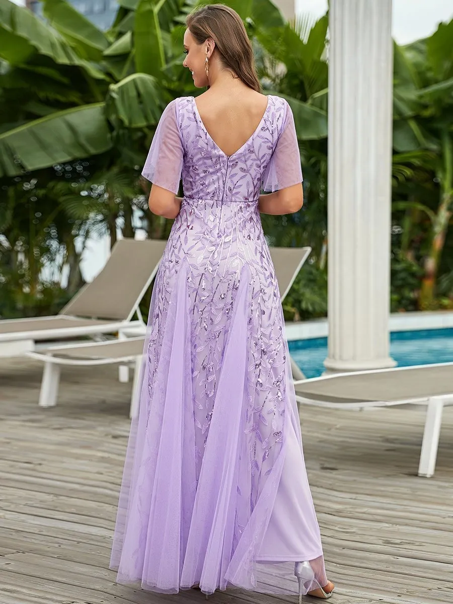 Custom Size Romantic Shimmery V Neck Ruffle Sleeves Maxi Long Evening Gowns