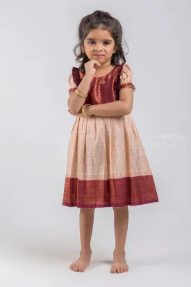 Elegant Cream and Brown Semi Banarasi Silk / Pattu Frock for Little Girls Festive Events