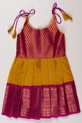 Elegant Magenta and Yellow Silk Blend TieUp Frock with Intricate Gold Border Detailing