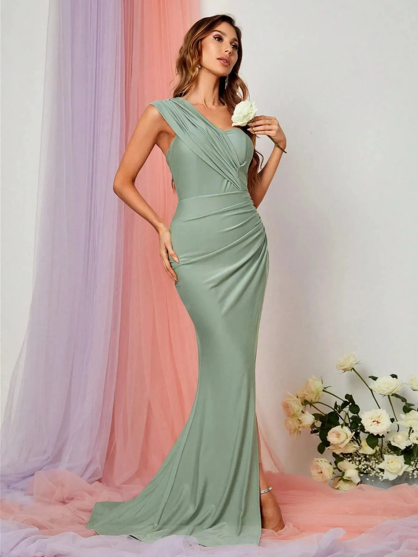 Elegant One Shoulder Sleeveless Split Thigh Dress