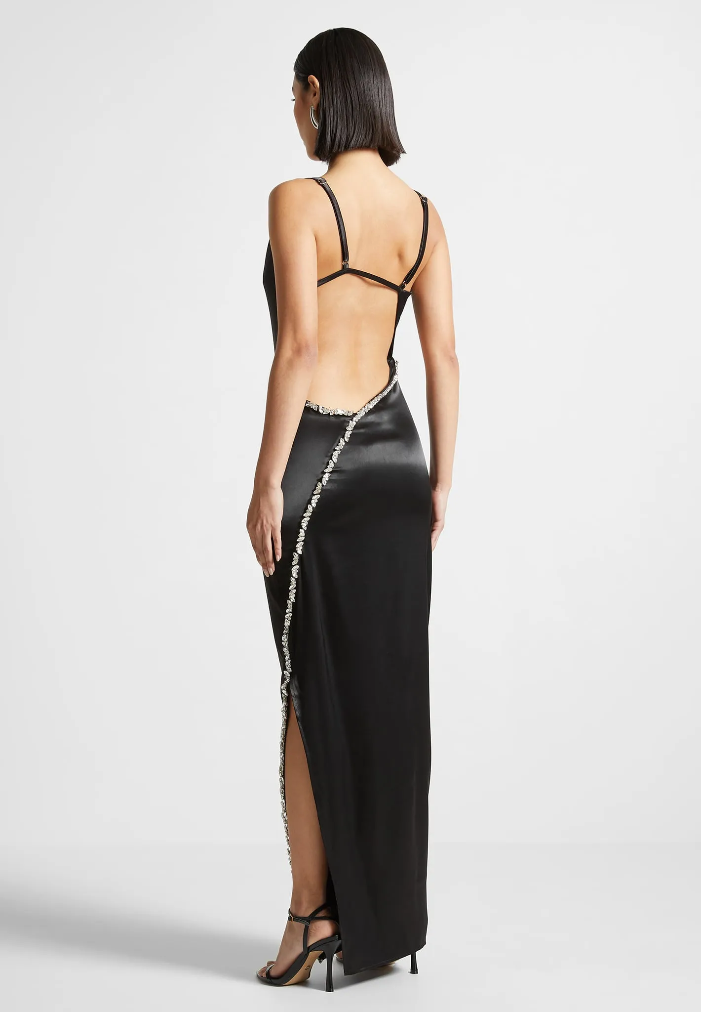 Embellished Open Back Satin Midaxi Dress - Black