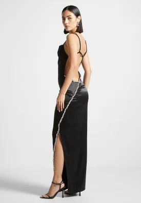 Embellished Open Back Satin Midaxi Dress - Black