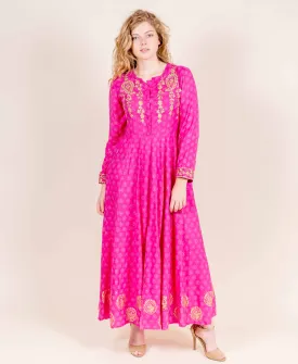 Full Sleeves Fuchsia Flared Hand Block Printed Rayon Dress