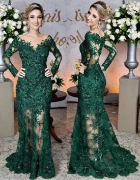 green mother of the bride dresses lace appliqué mermaid beaded elegant long sleeve evening gown formal dress