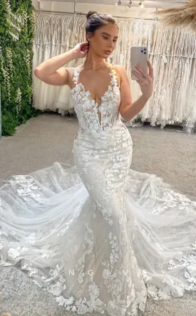 H0841 - Fully Floral Appliqued Plunging Illusion Mermaid With Tulle Train Rustic Wedding Dress