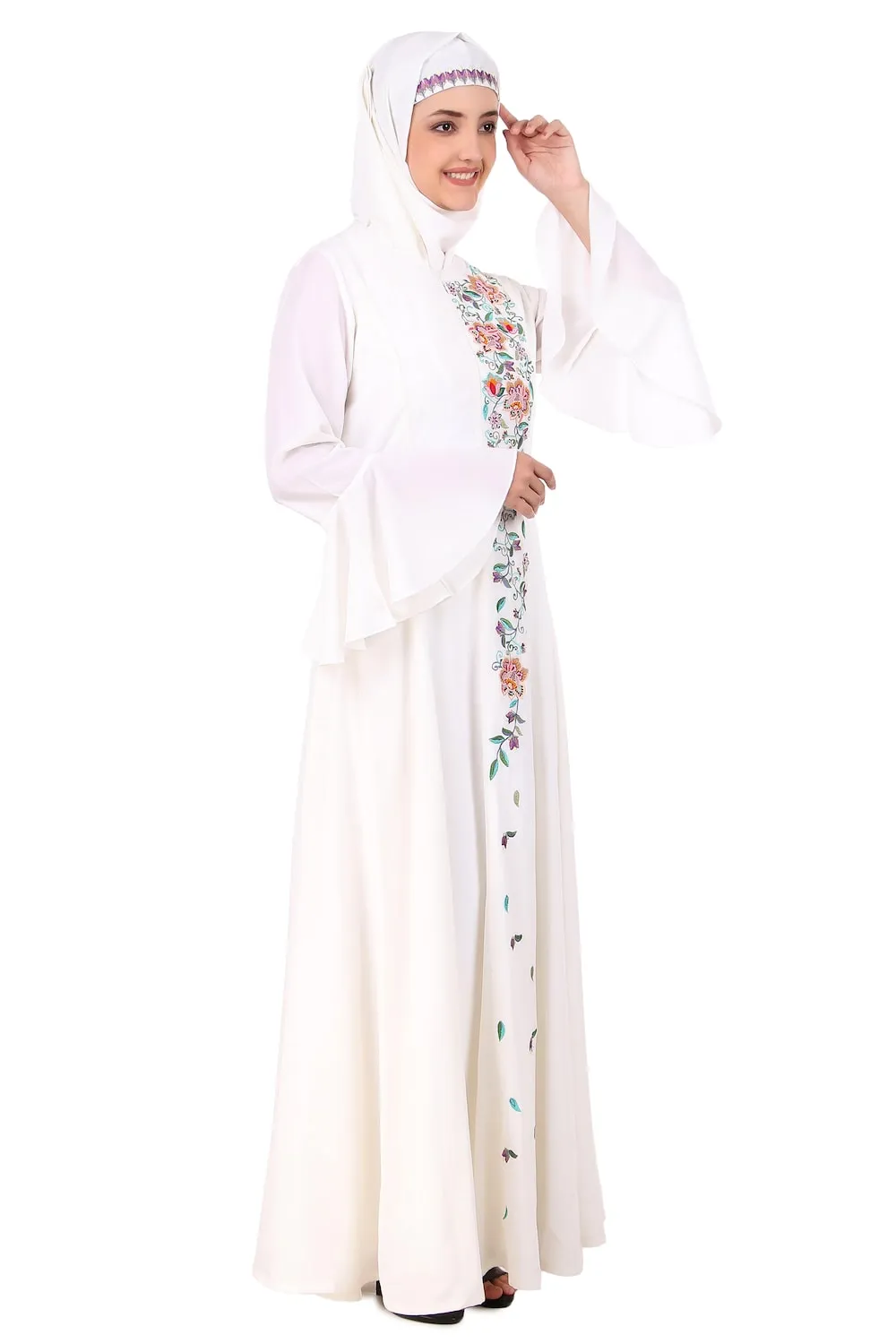 Hand Embroidered Princess Seam White Abaya