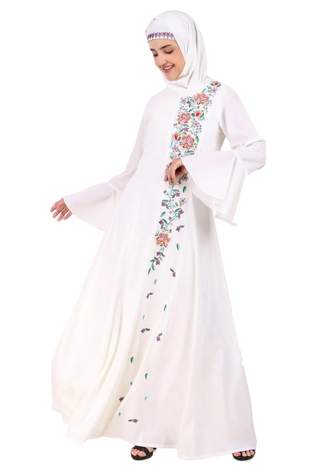 Hand Embroidered Princess Seam White Abaya