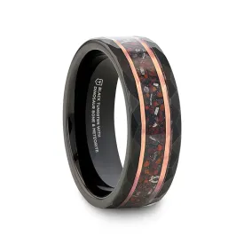 INFERNO Black/Rose Hammered Tungsten Ring with Dinosaur Bones and Meteorite - 8mm