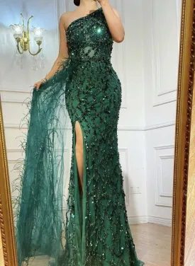 Jolene Split Mermaid Beading Feathers Evening Dress