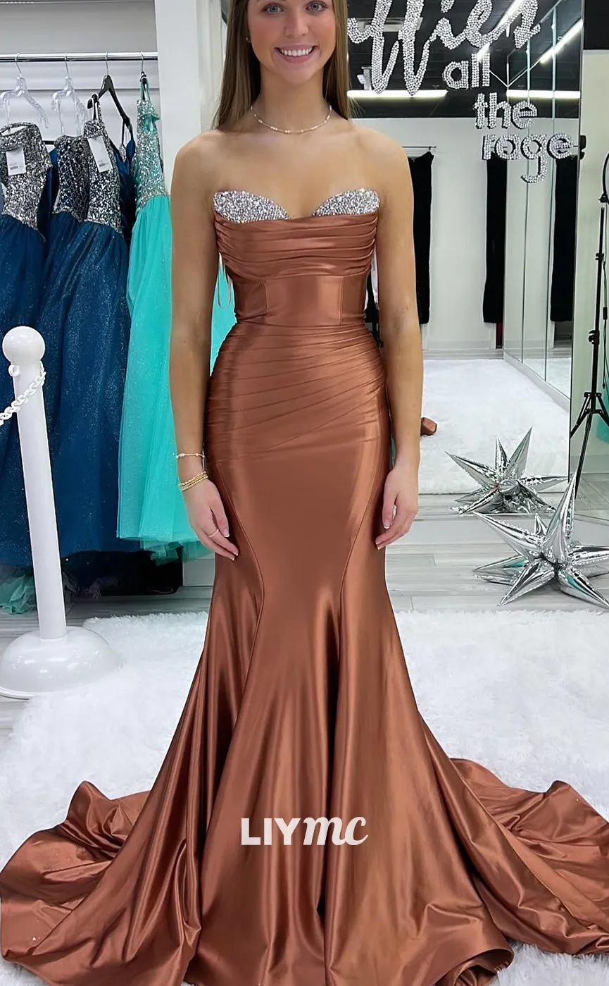 LP1374 - Semi-Sweetheart Sleeveless Sleek Satin Pleated Ruched Mermaid Prom Dress