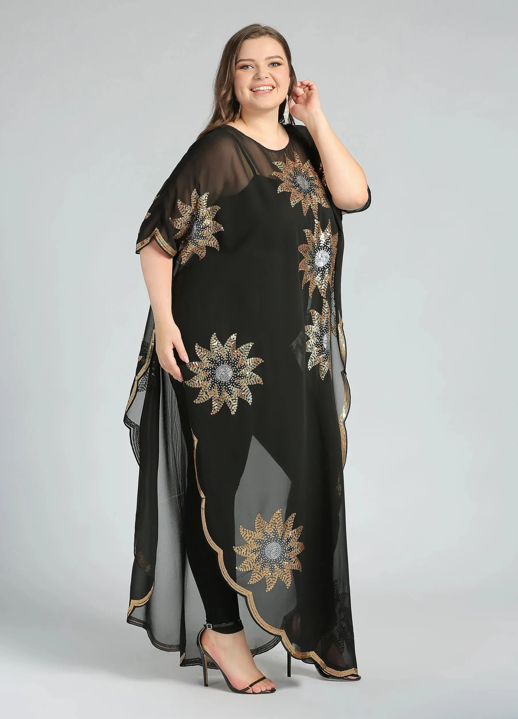 MECALA Women's Floral Sequin Embroidered Kaftan Plus Size Caftan beach cover