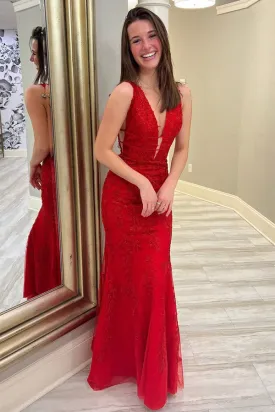 Mermaid V Neck Red Lace Long Prom Dress,Mermaid Formal Dresses