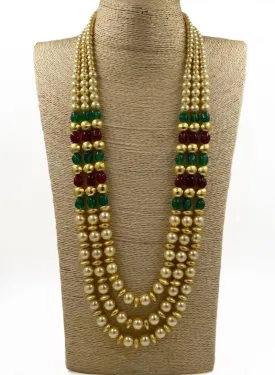 Multilayered Semi Precious Jade Beads And Golden Shell Pearls Necklace For Men And Women