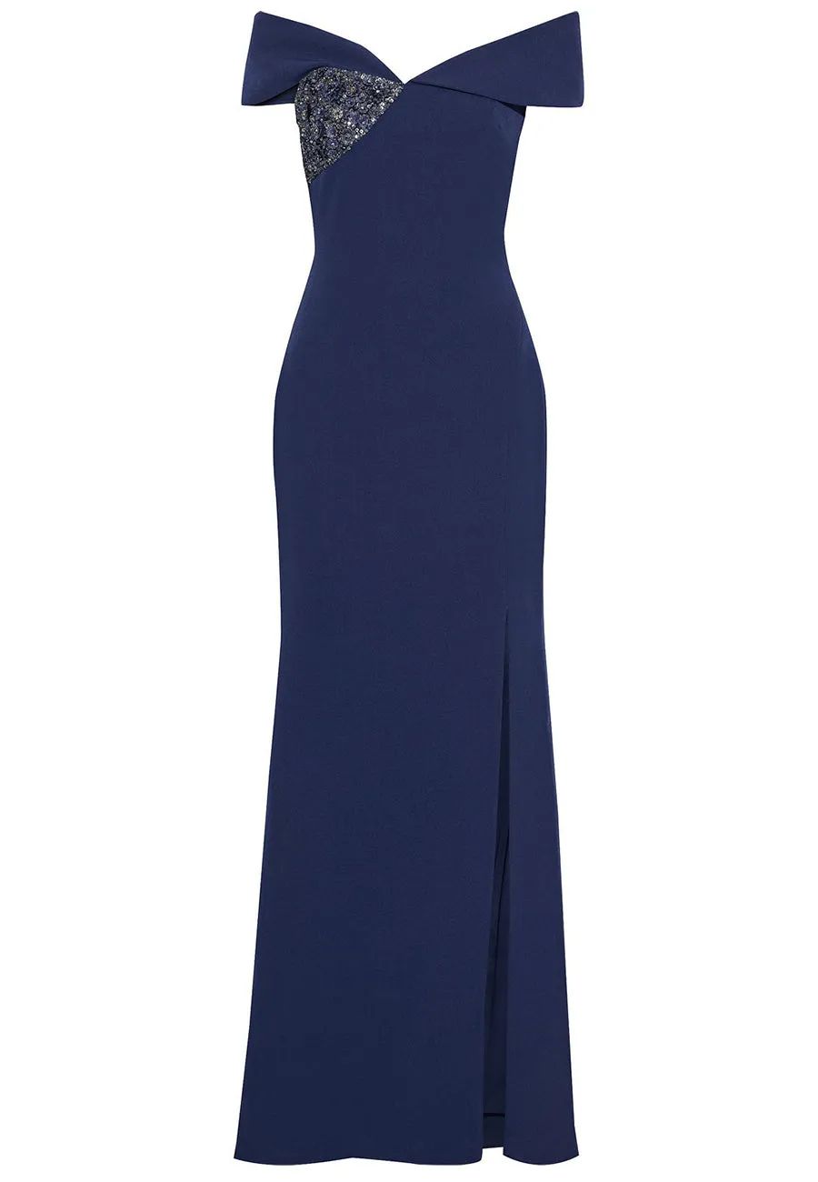 Navy Off Shoulder Embellished Stretch Crepe Gown