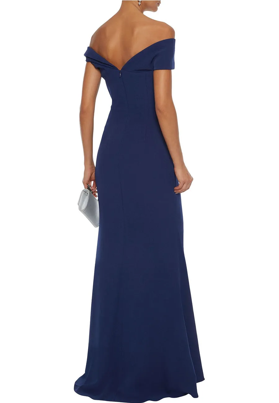 Navy Off Shoulder Embellished Stretch Crepe Gown