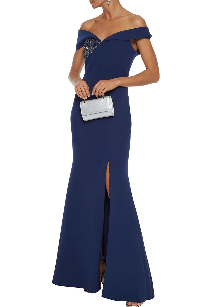 Navy Off Shoulder Embellished Stretch Crepe Gown